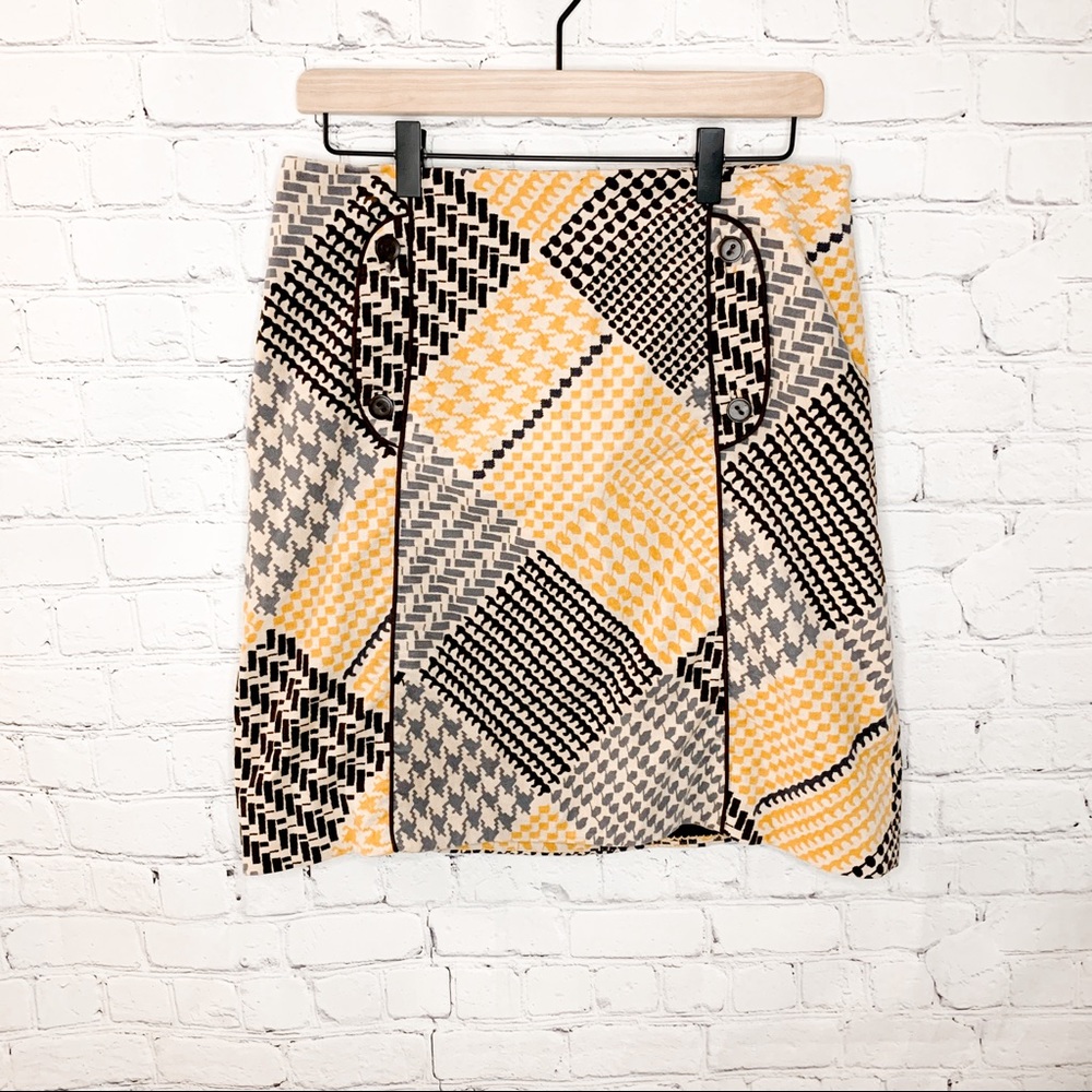 Anthropologie Maeve Velvet Houndstooth Patchwork Skirt Yellow Multi Size 6